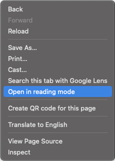 Chrome right-click menu with Open in reading mode highlighted