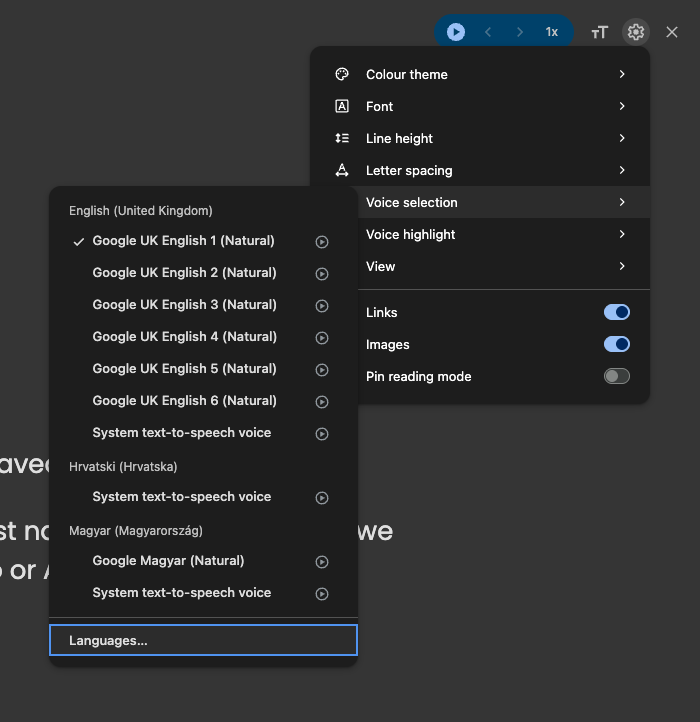 Reading mode settings with Voice selection open and Languages button highlighted