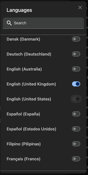Languages panel with search box and toggles; English United Kingdom is switched on
