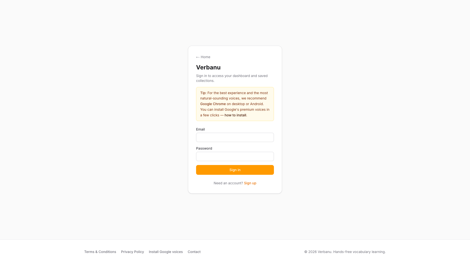 Verbanu sign-in page with email, password, and Sign in button