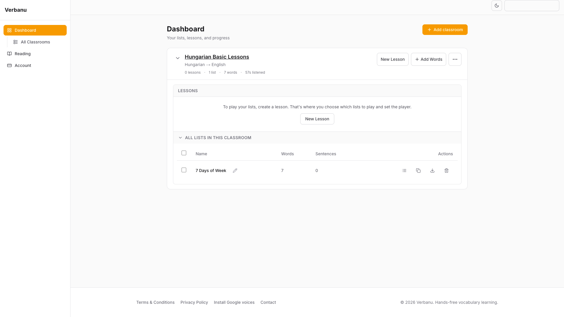 Verbanu dashboard with classroom cards and sidebar navigation