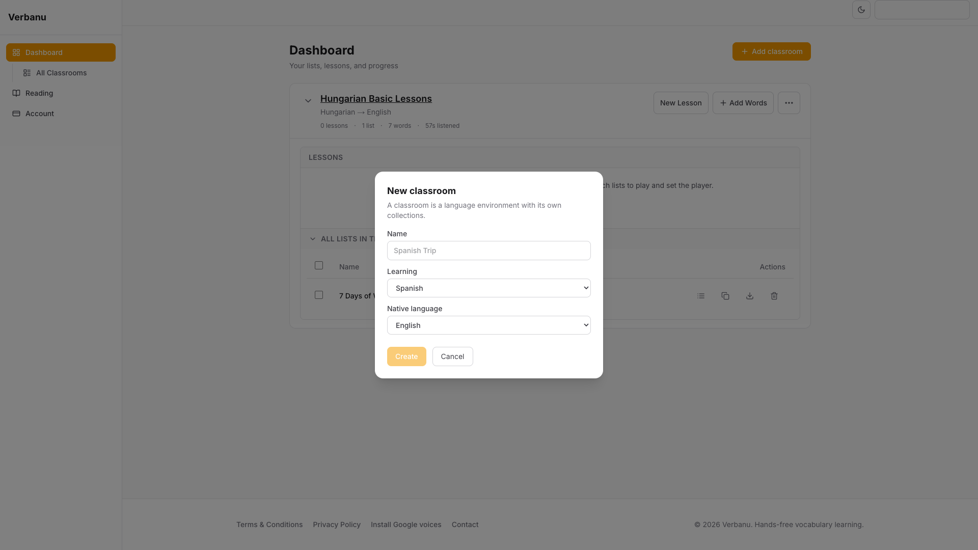New classroom dialog with name, learning language, and native language