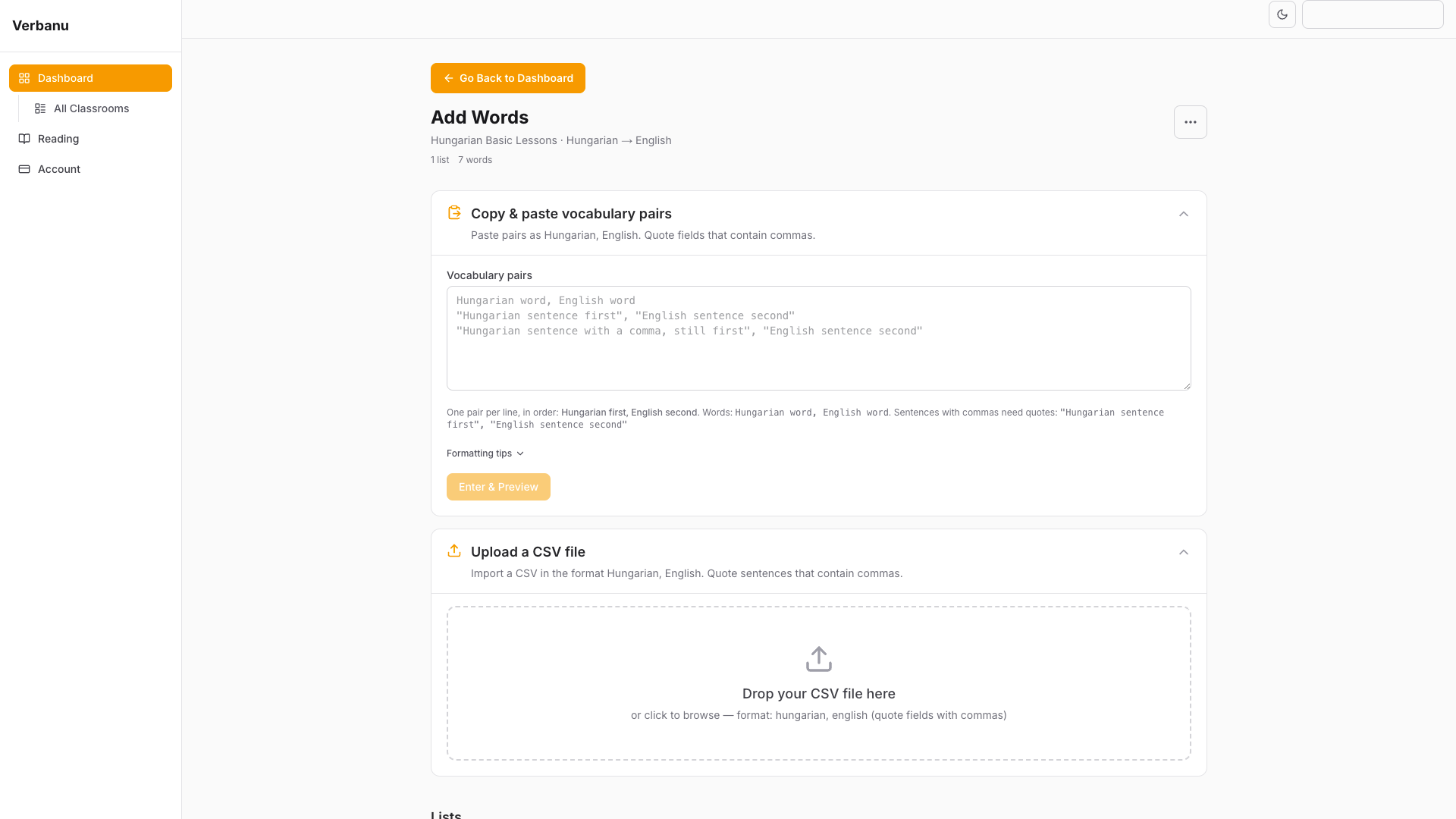 Add Words page with vocabulary paste box and Enter and Preview button