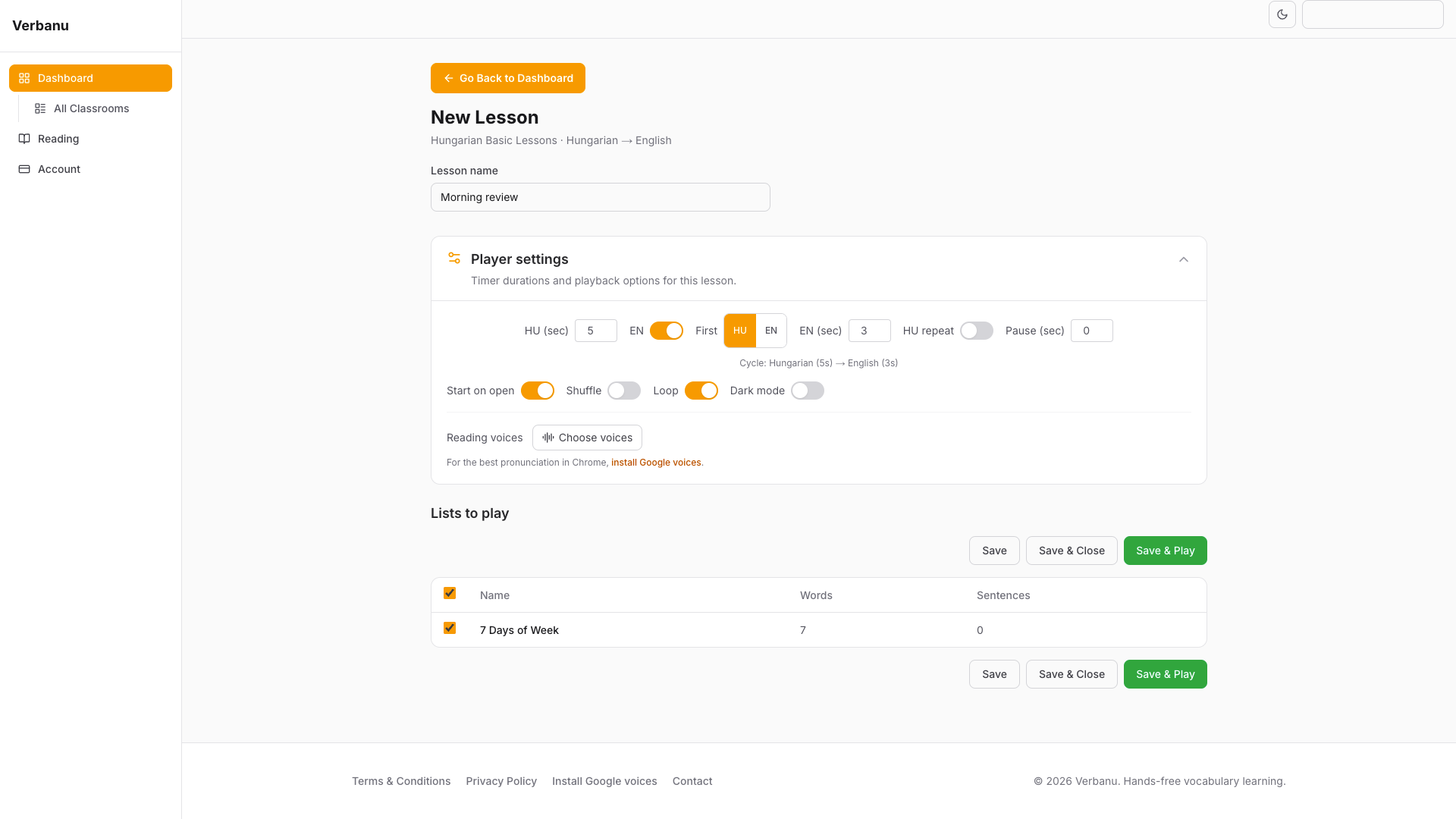 New Lesson page with lesson name, player settings, and list checkboxes