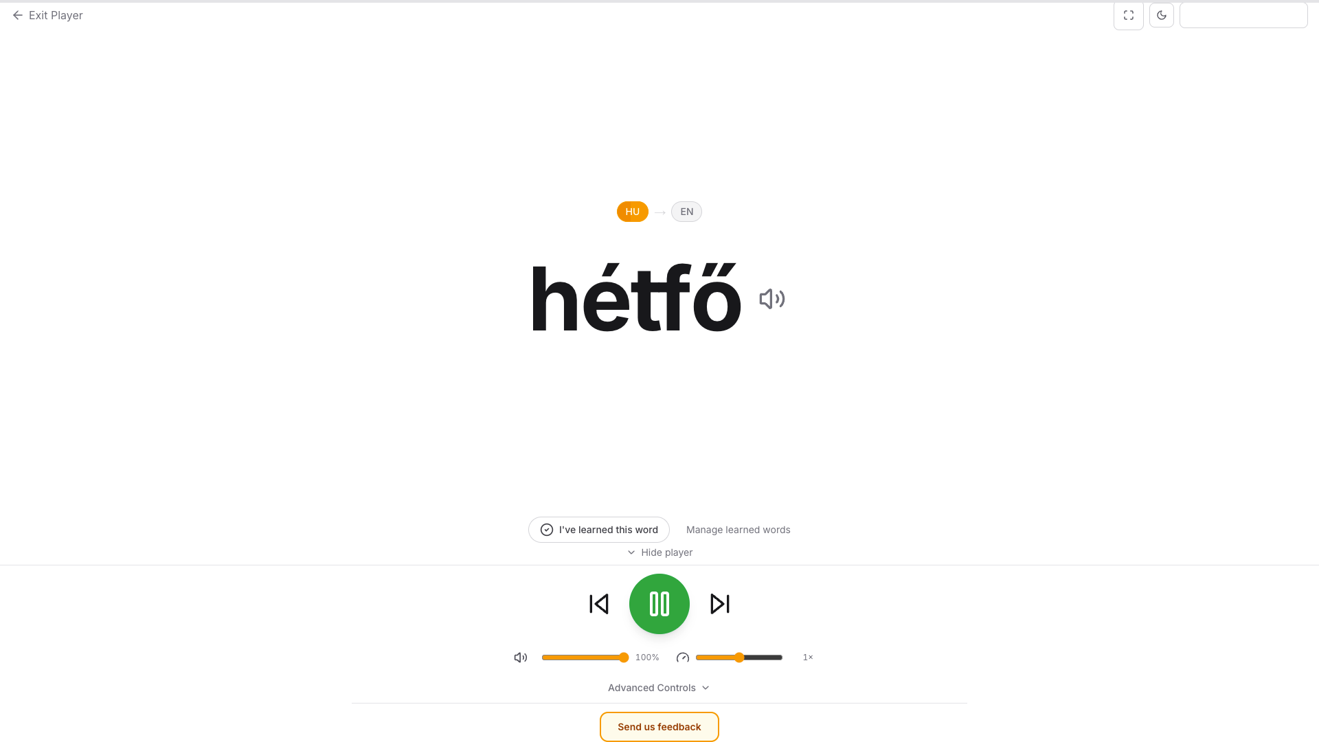 Verbanu player showing a large vocabulary word and control bar
