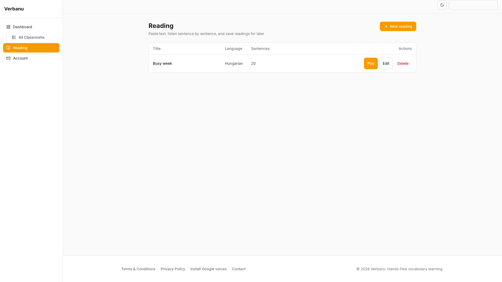 Reading library page in Verbanu dashboard
