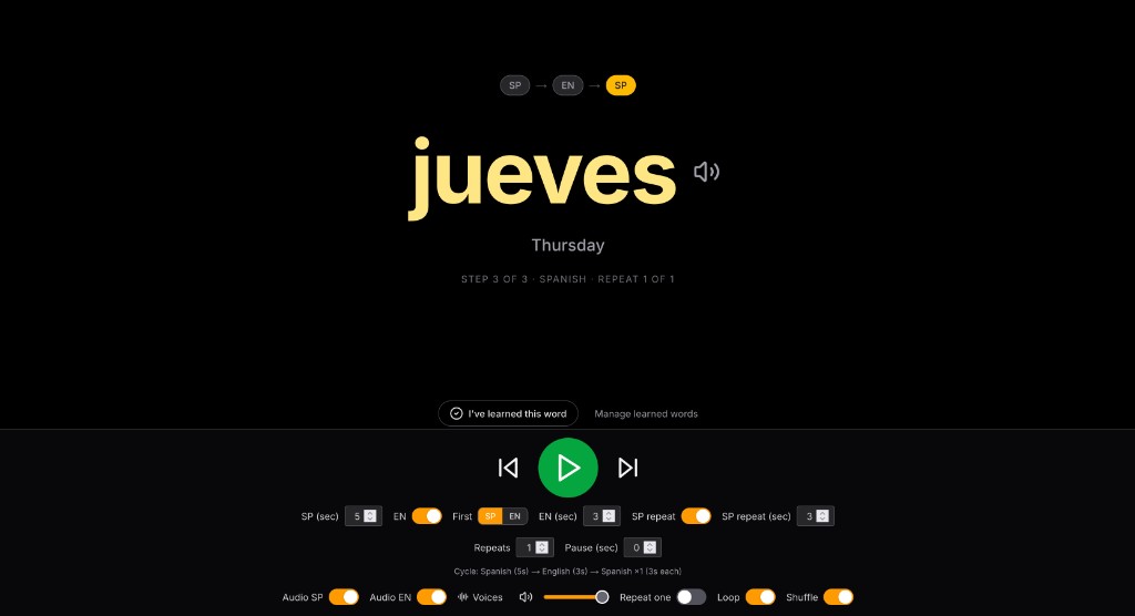 Verbanu player showing the Spanish word jueves with English translation Thursday